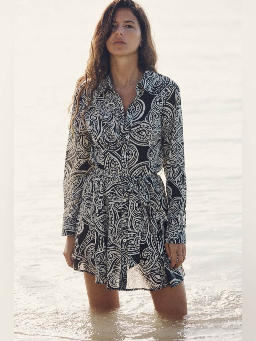 ZARA Black & Ecru Cotton Print Mini Shirt Dress With Belt